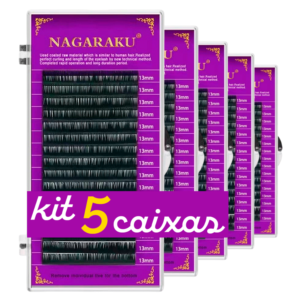 Kit 5 Cílios Mix 7 a 15 mm Nagaraku Original Fio a Fio Volume Russo Extensão de Cilios