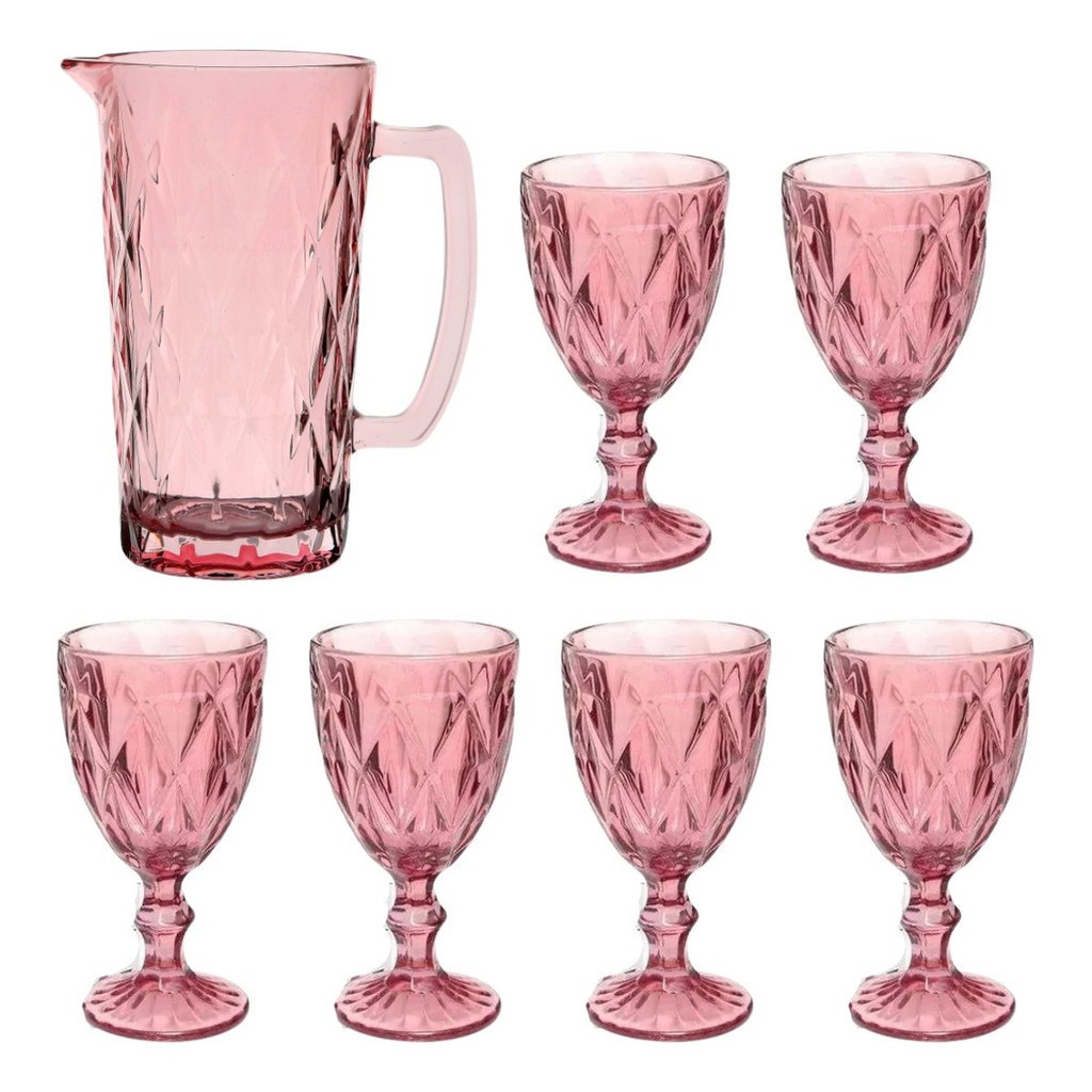 Jogo Jarra e 6 Taças Diamond Conjunto de Vidro Soprado