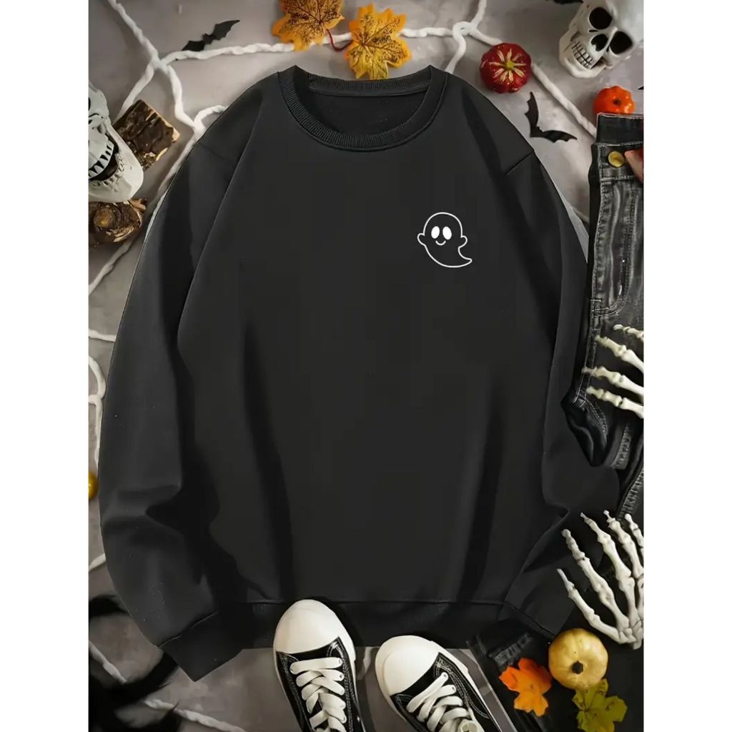 Moletom Careca Fantasma Alegre Gola Redonda Casaco Masculino Feminino Flanelado Unissex Inverno Frio Algodão