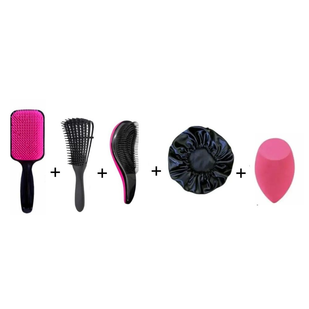 Kit Escova Raquete + Escova Polvo + Escova Magica + Touca Cetim + Esponja Chanfrada Lançamento