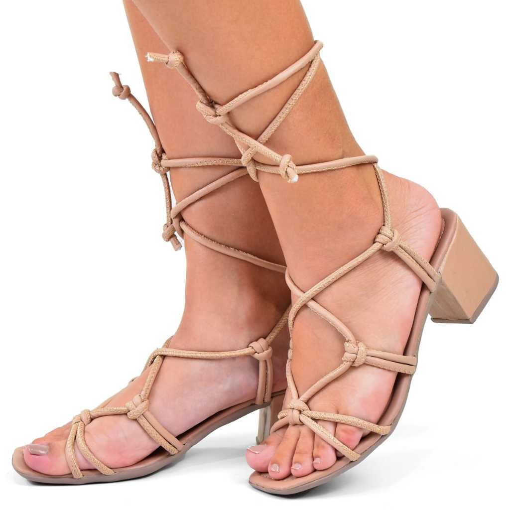 Sandália Casual Regulagem Salto Baixo 5cm Amarrar Na Perna Confortável Confort