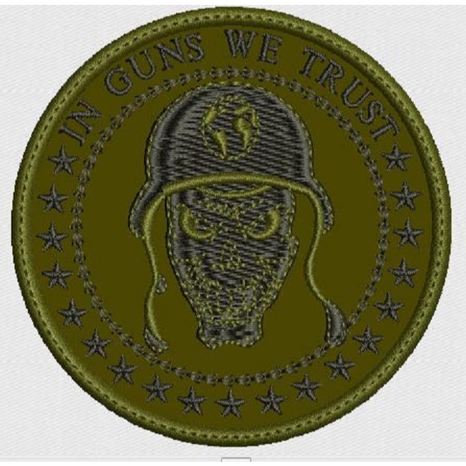PATCH 10cm bordado caveira in Guns We Trust com carrapicho, para costurar ou termocolante