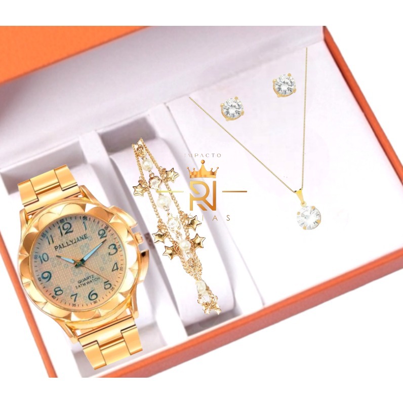 Relógio Feminino + Kit Colar Brincos e Pulseira Folheados em Oferta na Shopee