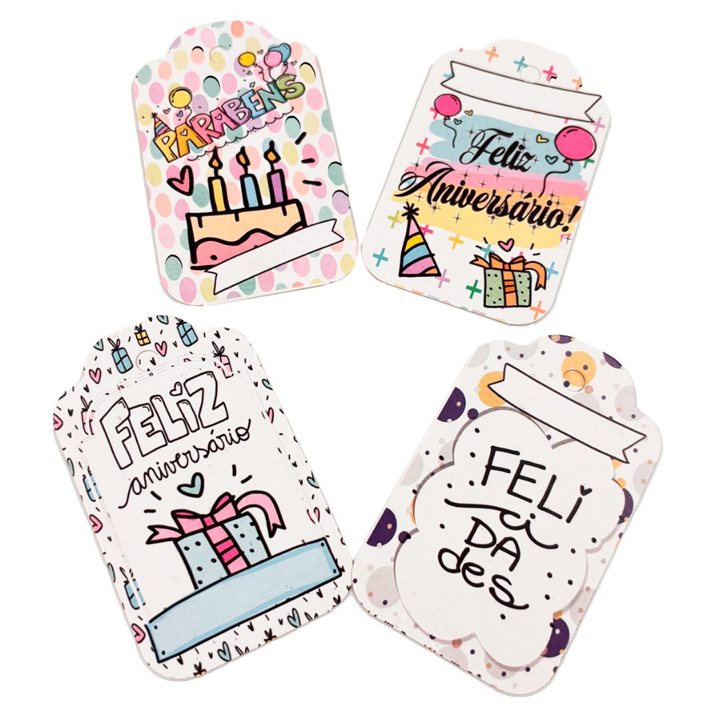 Tags aniversário em papel cartão para presentes e lembrancinhas.