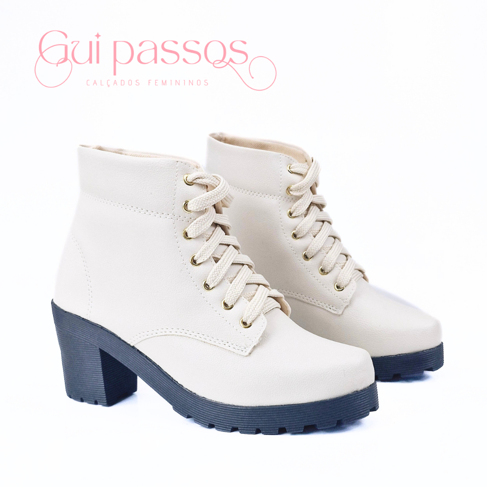 Coturno bota feminina com salto bloco cano médio com cadarço off-white confortável casual