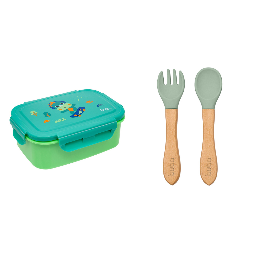 Kit Hora do Lanche Bento Box Dino com Talheres em Silicone e Cabo de Bambu Verde – Buba