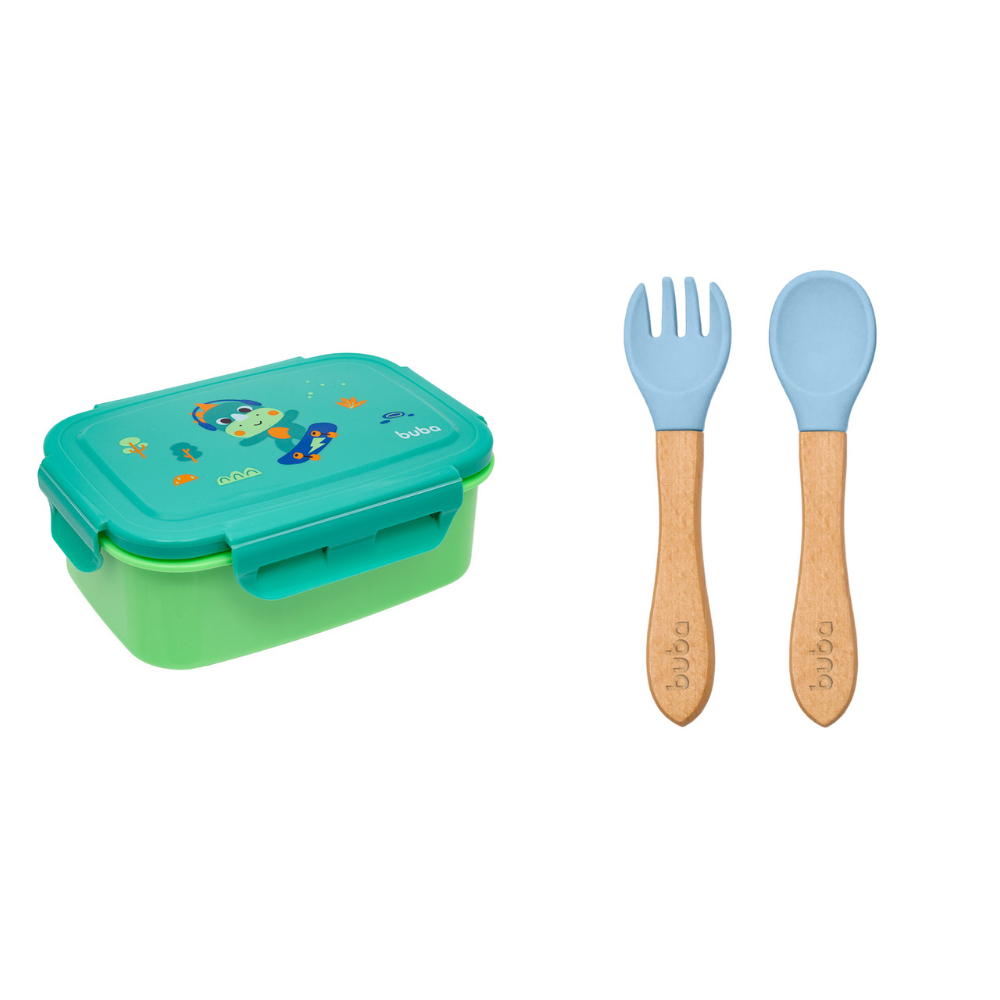 Kit Hora do Lanche Bento Box Dino com Talheres em Silicone e Cabo de Bambu Azul – Buba