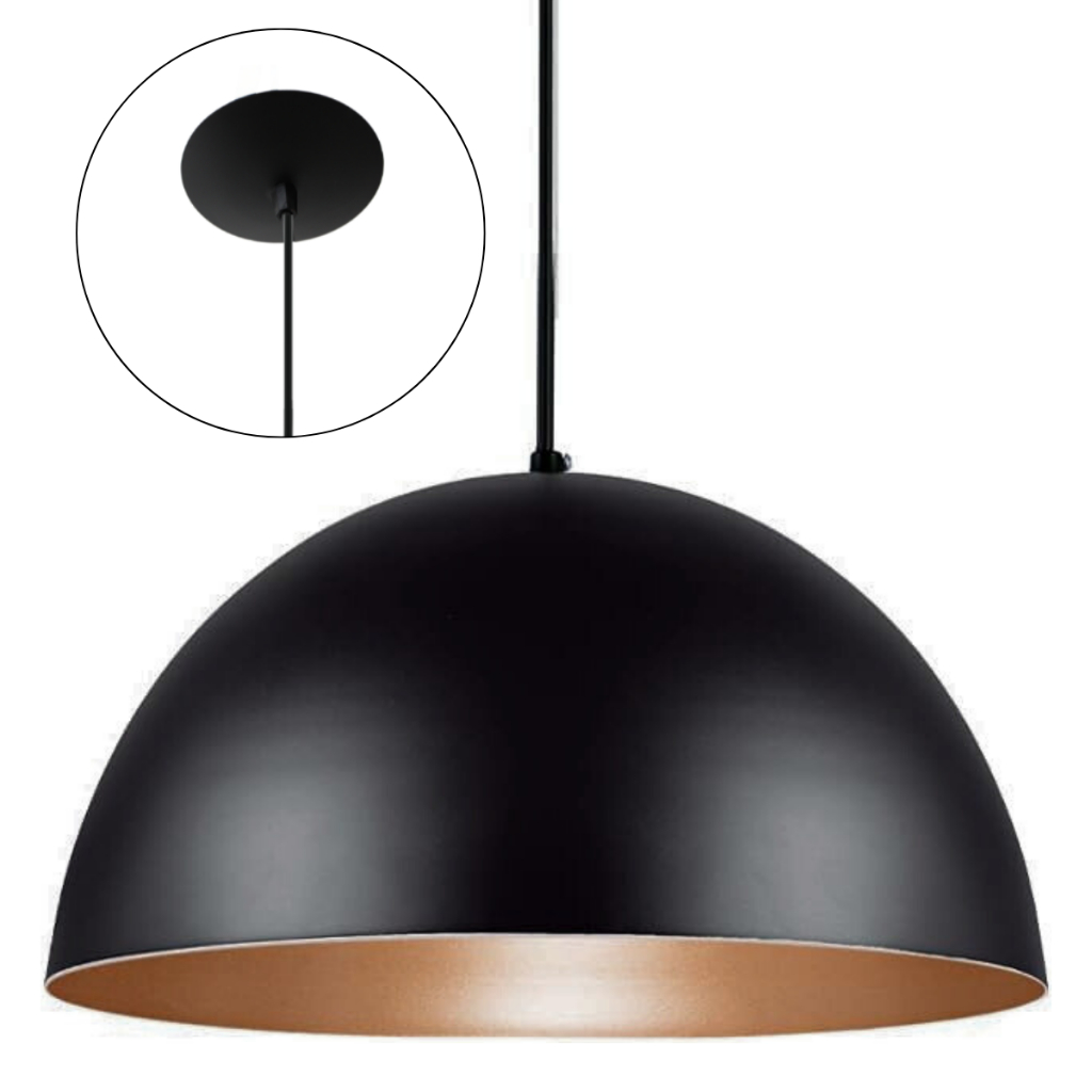 Luminária Pendente Meia Lua 50 cm Grande Preto Com Cobre Mesa de Sinuca Bar Sala