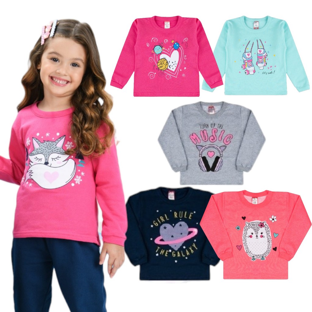 Kit 3 Casacos Moletom Infantil Menina Inverno Feminino Flanelado 1 a 8  Blusa Frio Inverno