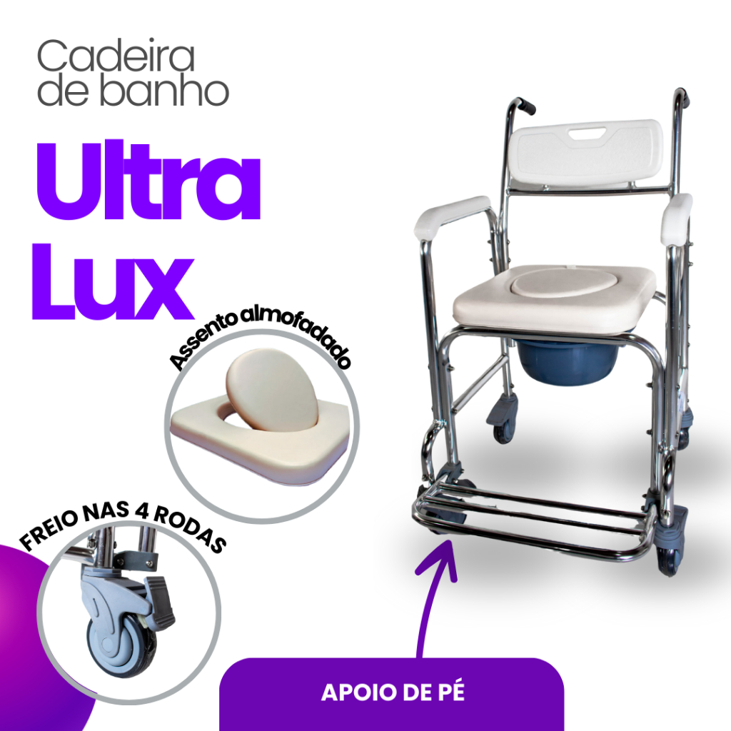 Cadeira de Banho Rodas Maçiças Higiênica Alumínio 100kg Cesto Removivel Ajustável Idoso Resistente