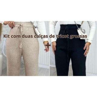 Kit com 2 calças femininas pantalona wide leg tricot tricô modal com amarração