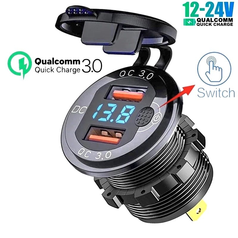 Tomada Carregador Celular, Display Voltímetro, Duas USB, 12-24V Universal Carro Barco Caminhão