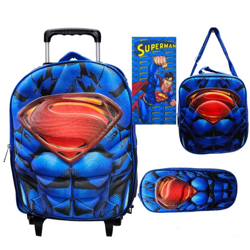 Kit Mochila Rodinha  Infantil Super Man  3D  + Lancheira + Estojo+ Toalha De Mão