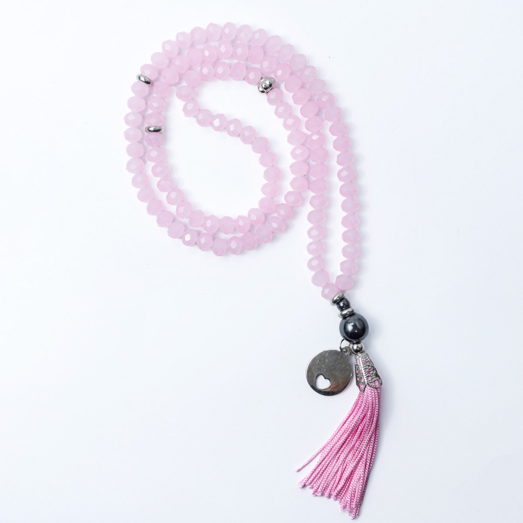 Japamala Cristal De Vidro Rosa Leitoso C/ Hematita 108 Contas 8mm
