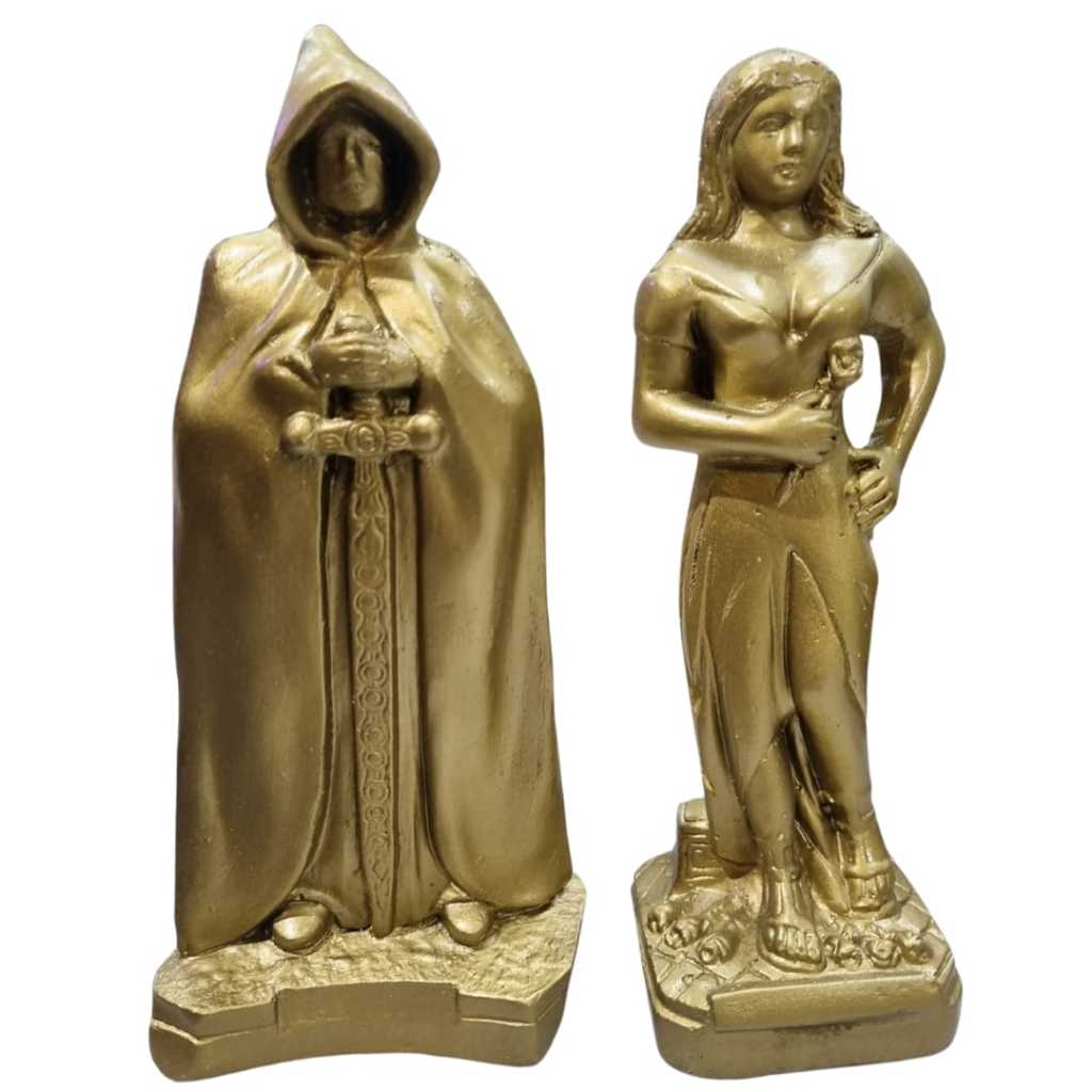 Kit Imagem Casal Exú do Ouro e Pombagira do Ouro Metalizados Gesso 20cm Umbanda Candomblé