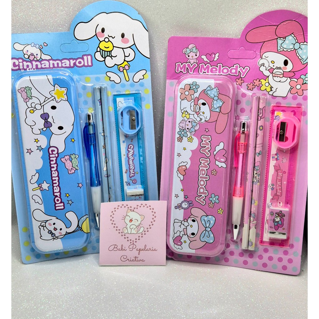 Kit estojo de latinha, lápis, caneta, borracha, régua e apontador Sanrio - Turma Hello Kitty