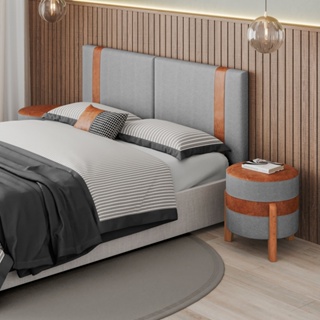 Cabeceira De Cama Ártemis KING 2,00X0,55 Linho Cinza e Couro Sintético Caramelo em Oferta na Shopee