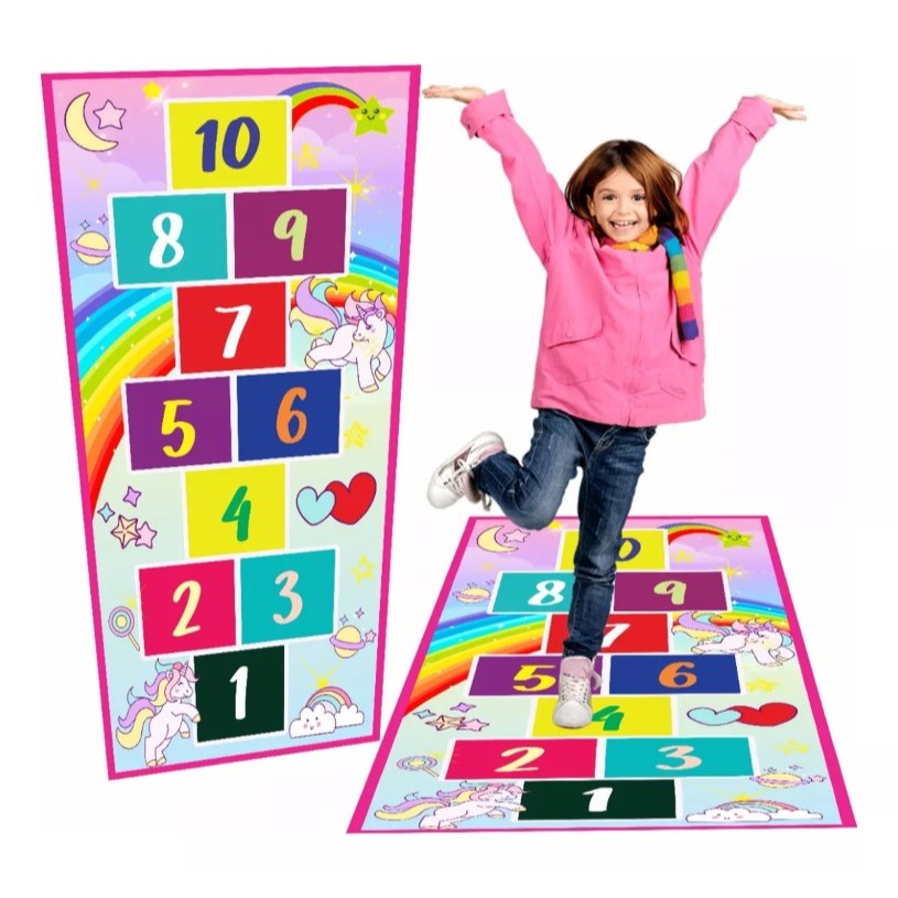 Tapete Amarelinha Infantil Em Lona tema Unicórnio, Feminina, Melhor Que Eva, Não Rasga, Jogo da Amarelinha Jogo pedagógico, Brinquedo para presente de aniversário, dia das crianças e natal, para menina. 2 e 3 anos, 4 e 5 anos, 6 e 7 anos,  8 e 9 anos
