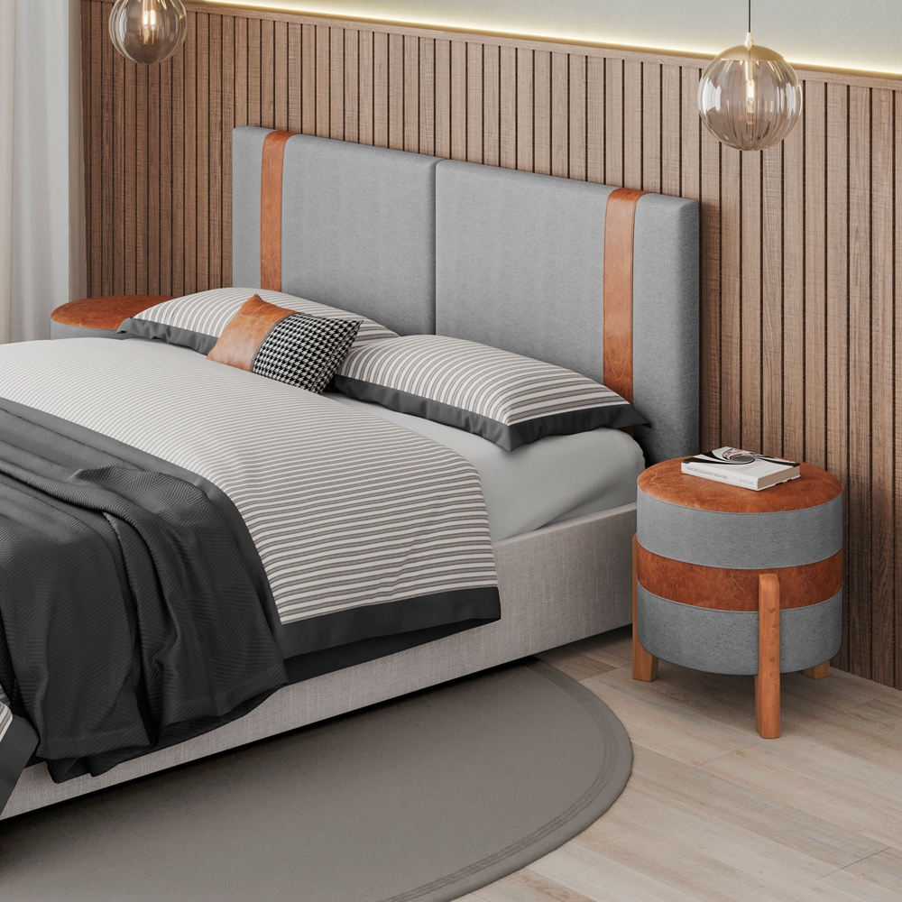 Cabeceira De Cama Ártemis Casal 1,40X0,55 Linho Cinza e Couro Sintético Caramelo