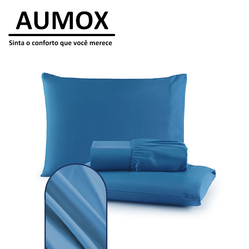 Jogo de Lençol Casal, King 03 Peças 400 Fios Cama solteiro Micropercal Ponto Palito Azul