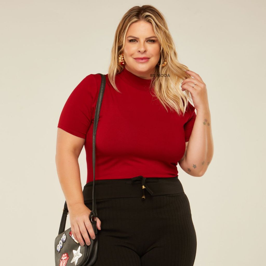 Blusa Gola Alta G e GG Manga Curta Lisa Casual Elegante