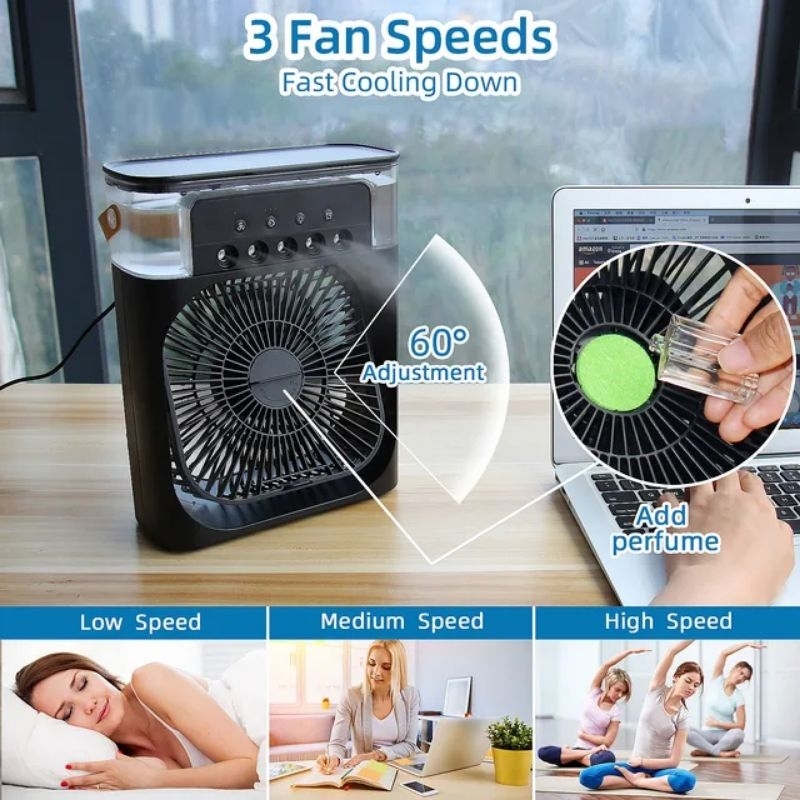 mini ventilador portatil 3velocidades umidificador de ar com imidificador de ar com iluminacao led usb
