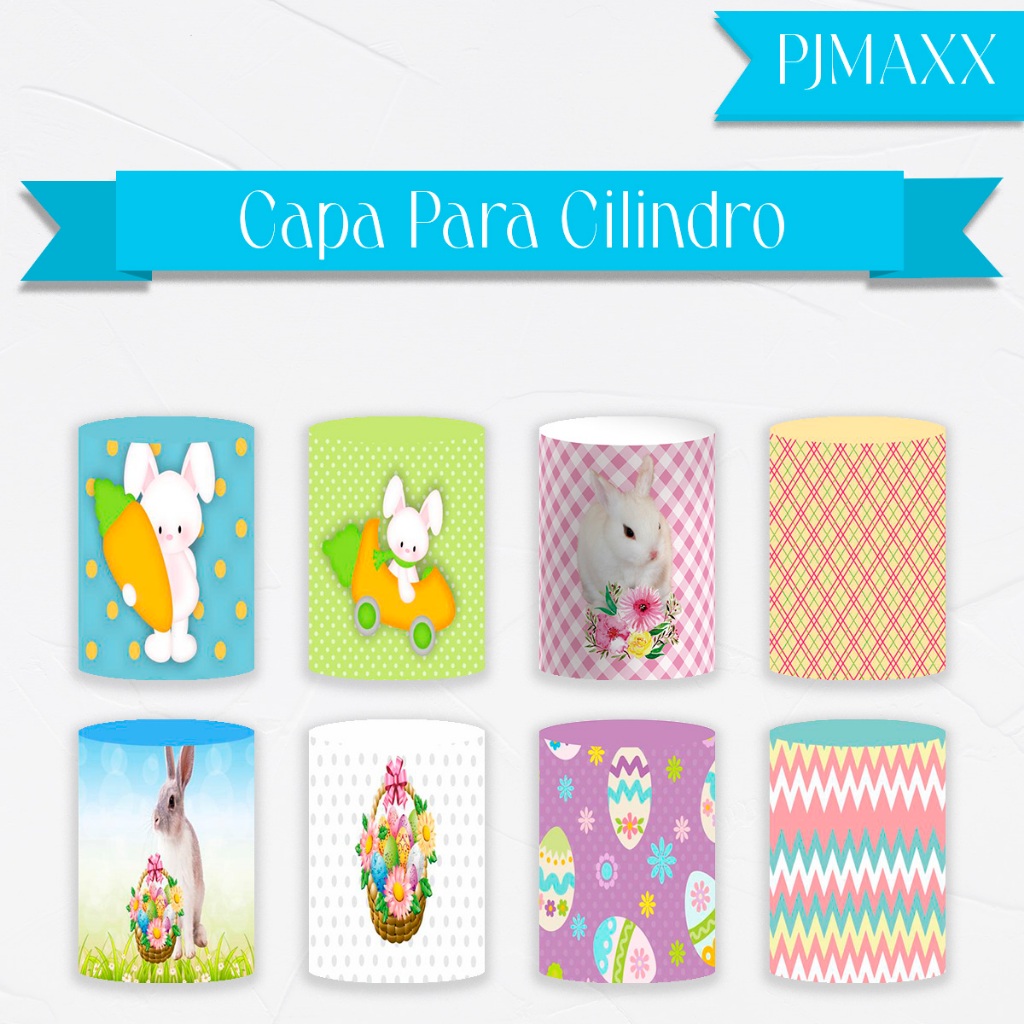 Capa Para Cilindro Tema Pascoa Coelho Cenoura Ovos Cesta Decoração Elegante Cenario Malha Sublimada