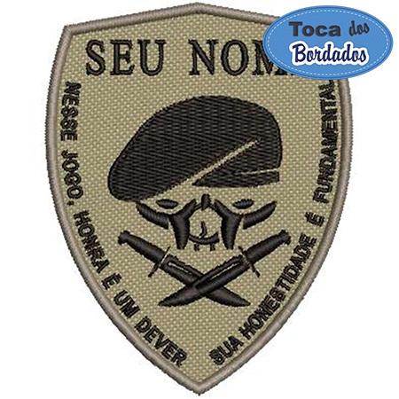 Patch Bordado Brevê Caveira Seu Nome 10x7,5cm Cód.2471 - Cor TAN personalizado skull c/ texto livre