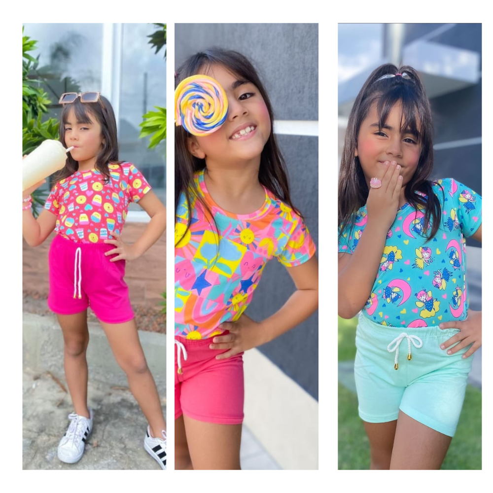 Kit Sortido Conjunto Infantil Menina 6 Peças 3 camisetas + 3 shorts Kit com 6 Conjuntos de Roupa Infantil Menina Tamanho 6 Meses a 5 anos