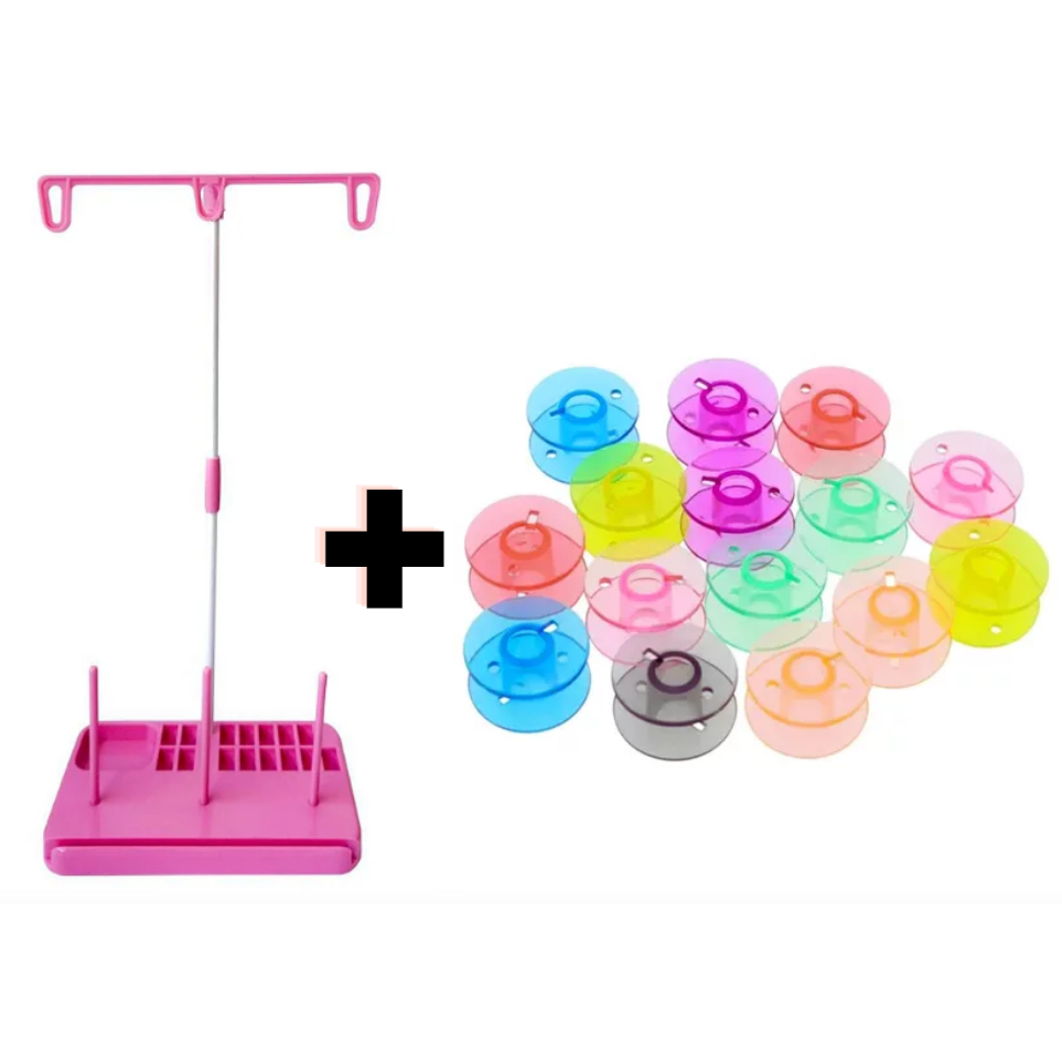 Porta Fio E Bobinas Doméstico De 3 Cones + 15 Carretilhas Plásticas coloridas