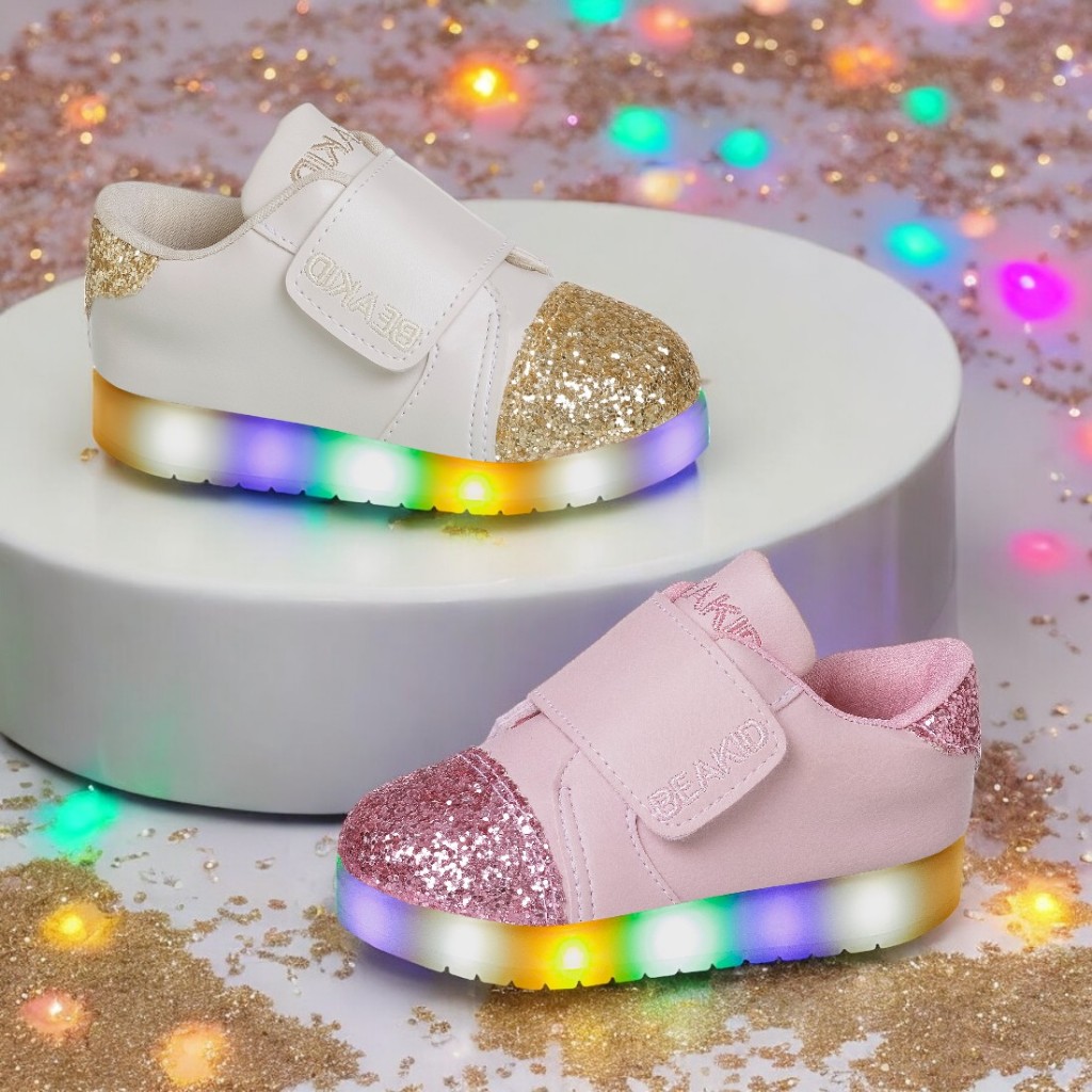 Tênis Beakid Infantil Feminino Menina Exclusivo Com Led Sem Cadarço Confortável Tendência Velcro