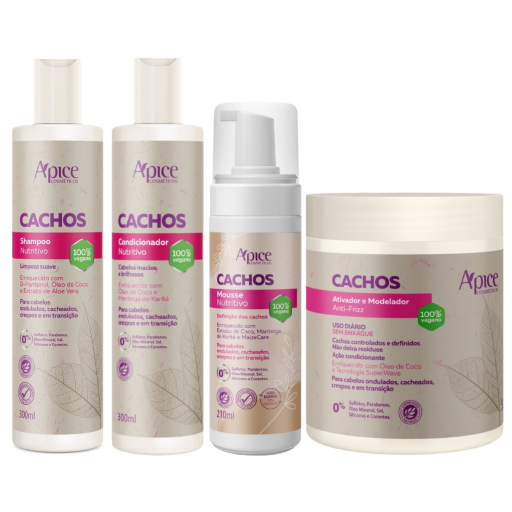 Kit Apice Cachos Shampoo + Condicionador + Mousse + Ativador Tratamento Capilar Cacheado Vegano