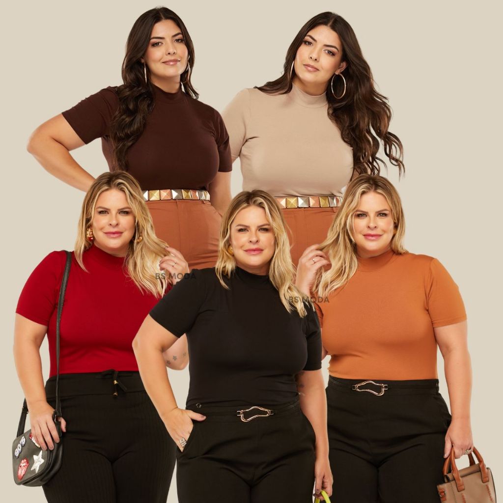 Kit 2 Blusa Gola Alta Plus Size T-shirt Lisa Manga Curta GG