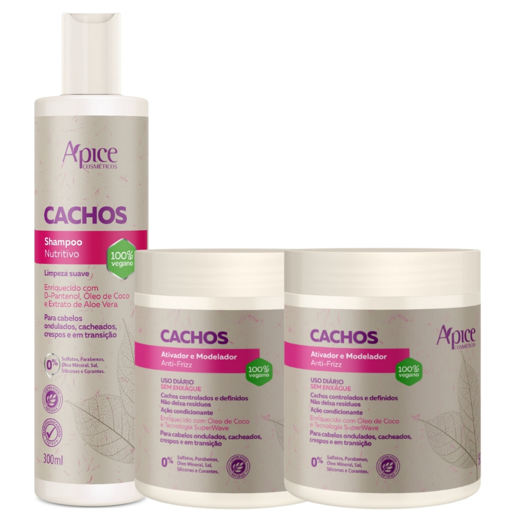 Kit Apice Cachos Shampoo + 2 Ativador De Cachos Tratamento Capilar Cacheado Vegano