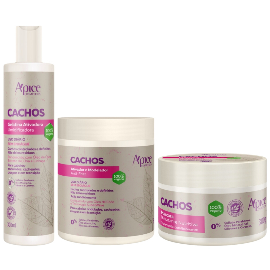 Kit Apice Cachos Completo Tratamento Capilar Ativador Mascara Hidratante E Gelatina Modeladora