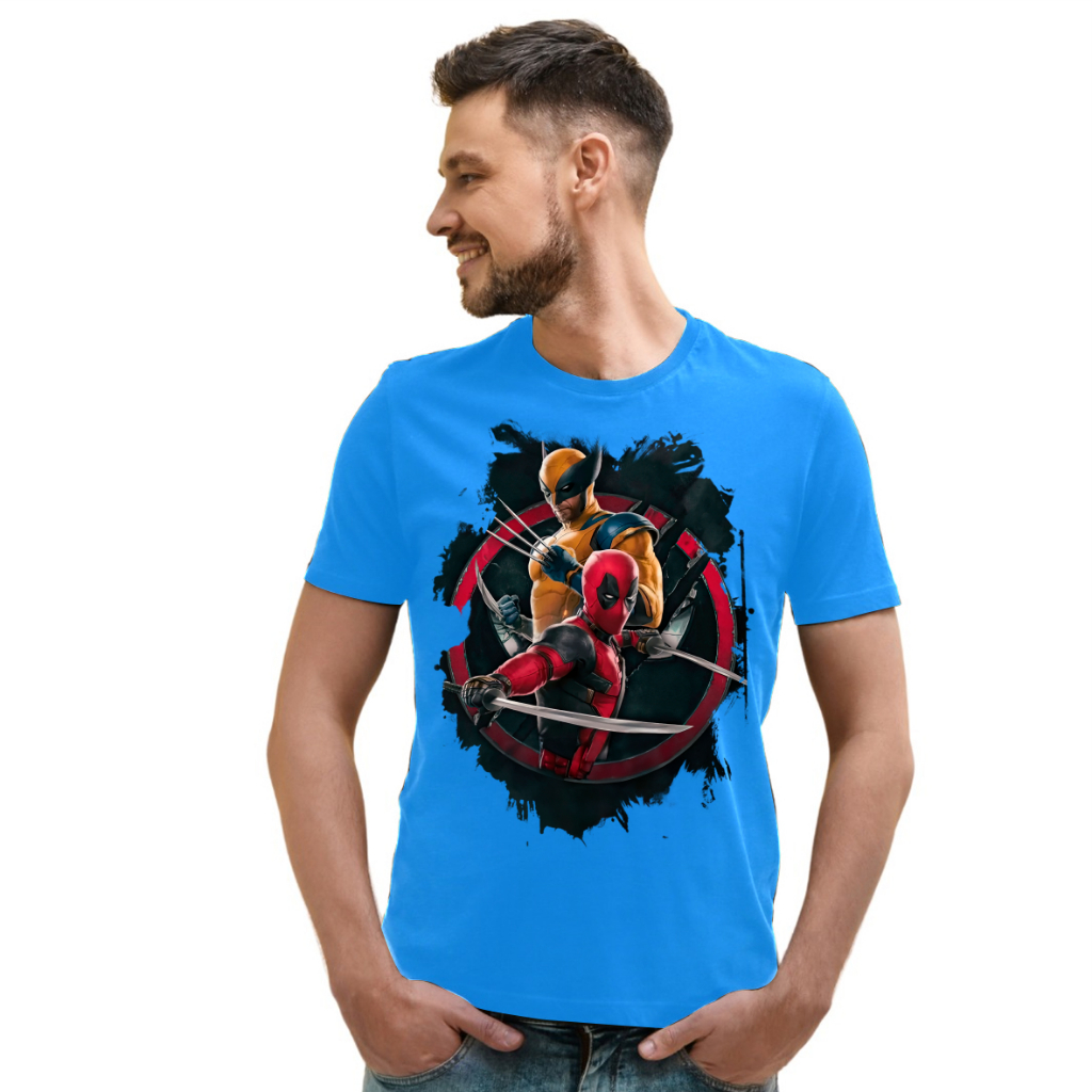 CAMISETA TSHIRT AZUL DEADPOOL E WOLVERINE CORES E ESTAMPAS VARIADAS ADULTO E INFANTIL