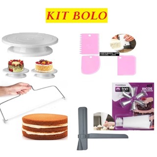 KIT Bolo Nivelador Fatiador Base Giratória E Conjunto Com 4 Fatiadores Profissional Para Confeiteiro