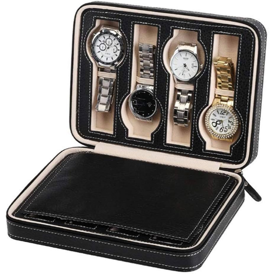 Porta Relógio Estojo Caixa Maleta P/8 Relógio Couro Com Zíper Viagem Luxo