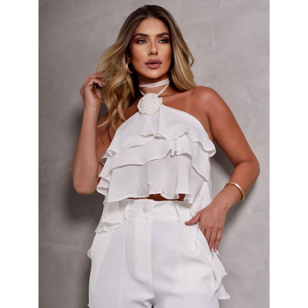 Emili5 Blusa Feminina Bata Babado Petala Pescoço Alcinha Amarrar-9358