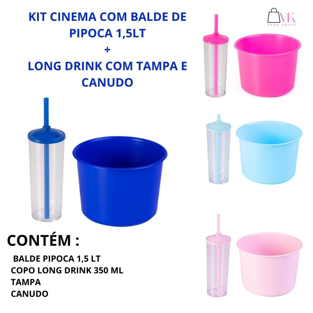 30 Kit Cinema Balde Pipoca Pop 1,5 LT + 30 Copo Long Drink Cristal Ou Branco Para Adesivar em Oferta na Shopee