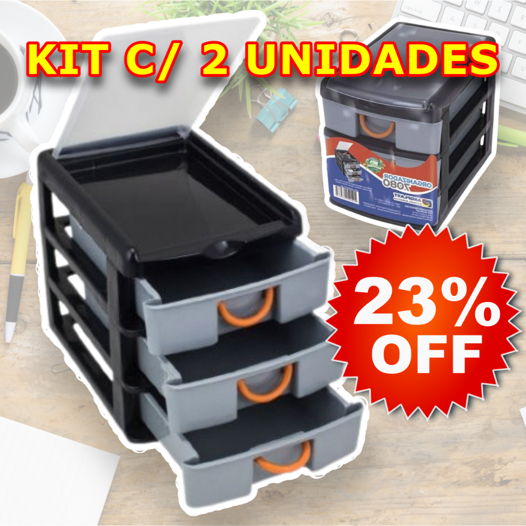 Kit 2 Gaveteiros Organizador De Mesa Com 3 Gavetas Multiuso Plástico