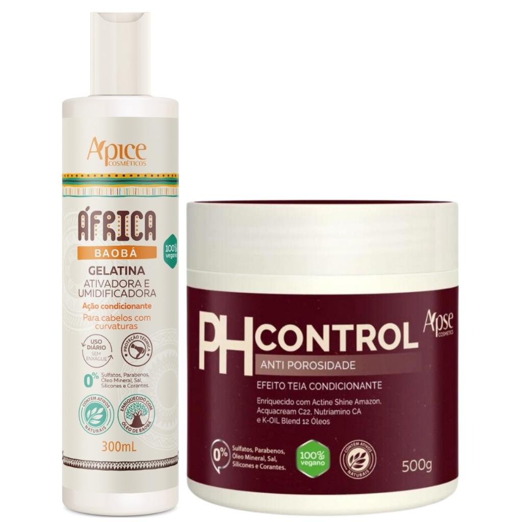 Kit Africa Baoba Apice Gelatina Ativadora + Ph Control 500g Anti Porosidade Tratamento Capilar