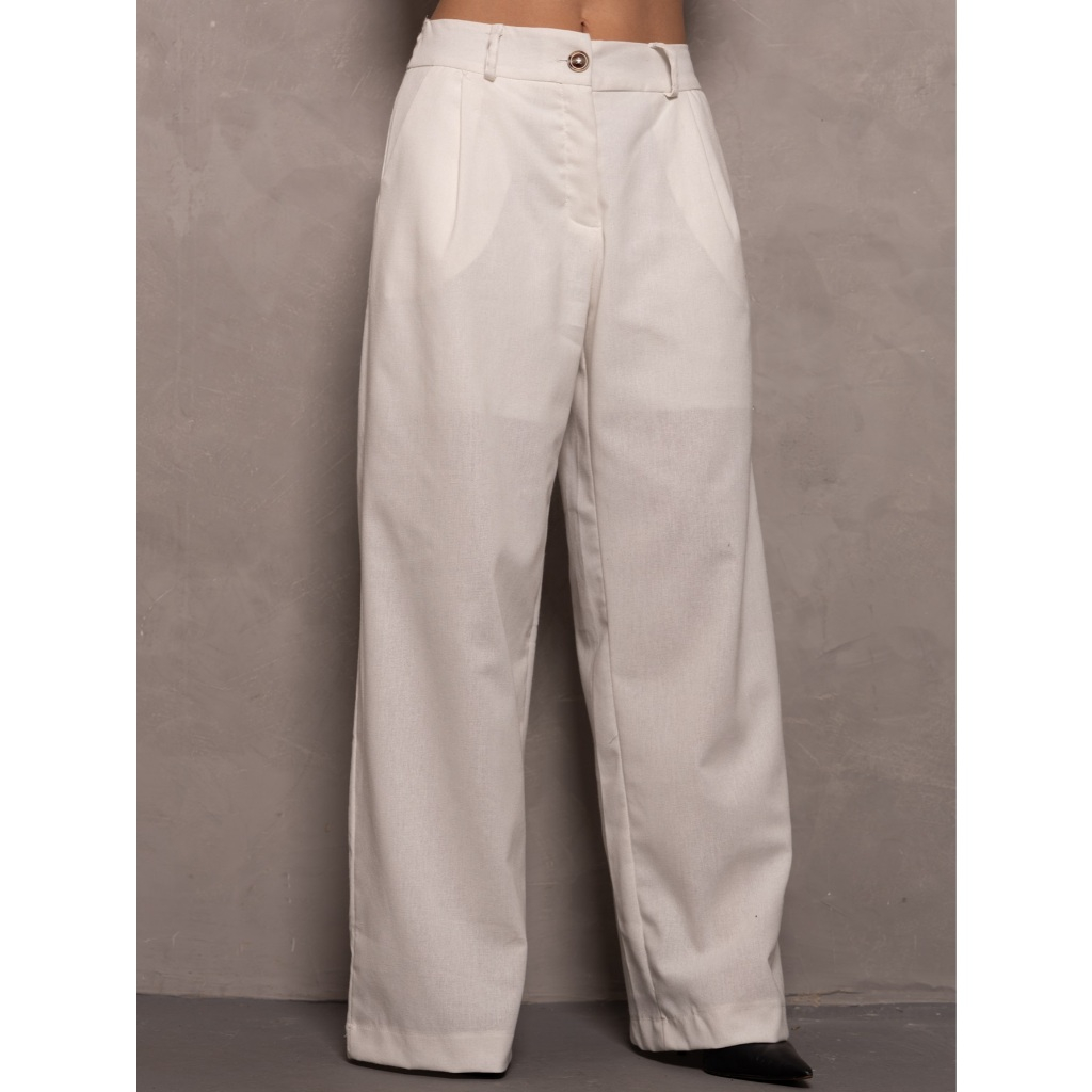 Emili5- Calça Perna Larga Em Linho Feminina Elegance - Cintura Alta, Zíper e Botões Decorativos, Perna Ampla- 9377 em Oferta na Shopee