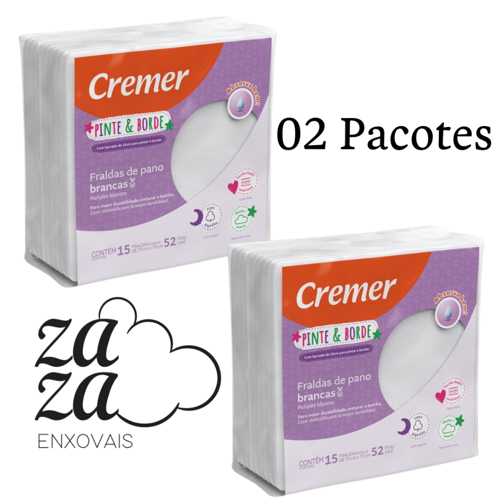 Fralda de Pano Branca Pinte e Borde 15 UN Cremer KIT C/2