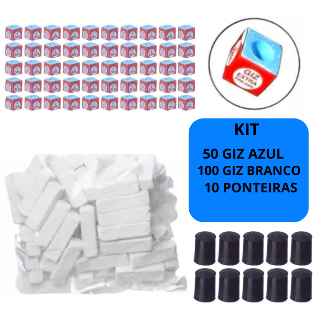 50 Giz Azul + 100 Giz Branco + 10 Ponteiras Virola Rista Kit para Sinuca Bilhar Snooker em Oferta na Shopee