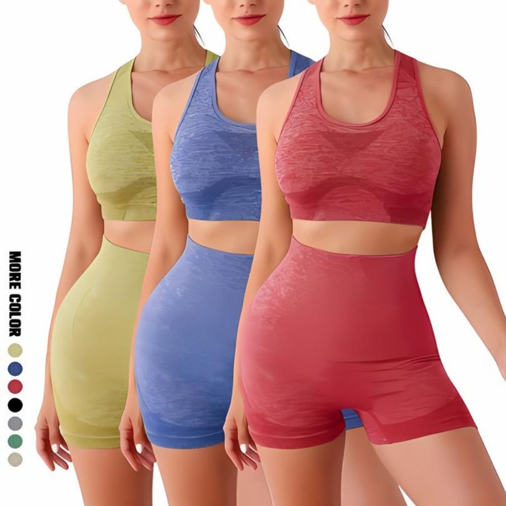 Conjuntos Academia (900409) Fitness Feminino Leggings Top e Shorts Levanta Bumbum Altamente Elástico