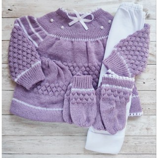 Conjunto Tricô De Bebê Casaco Pérola LUXO Calça Gorro Luva E Meia