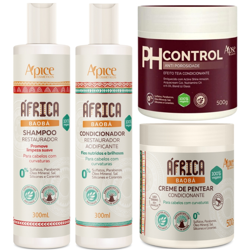 Kit Africa Baoba Apice Porosidade Shampoo + Condicionador + Creme Pentear + Mascara Ph Control 500g