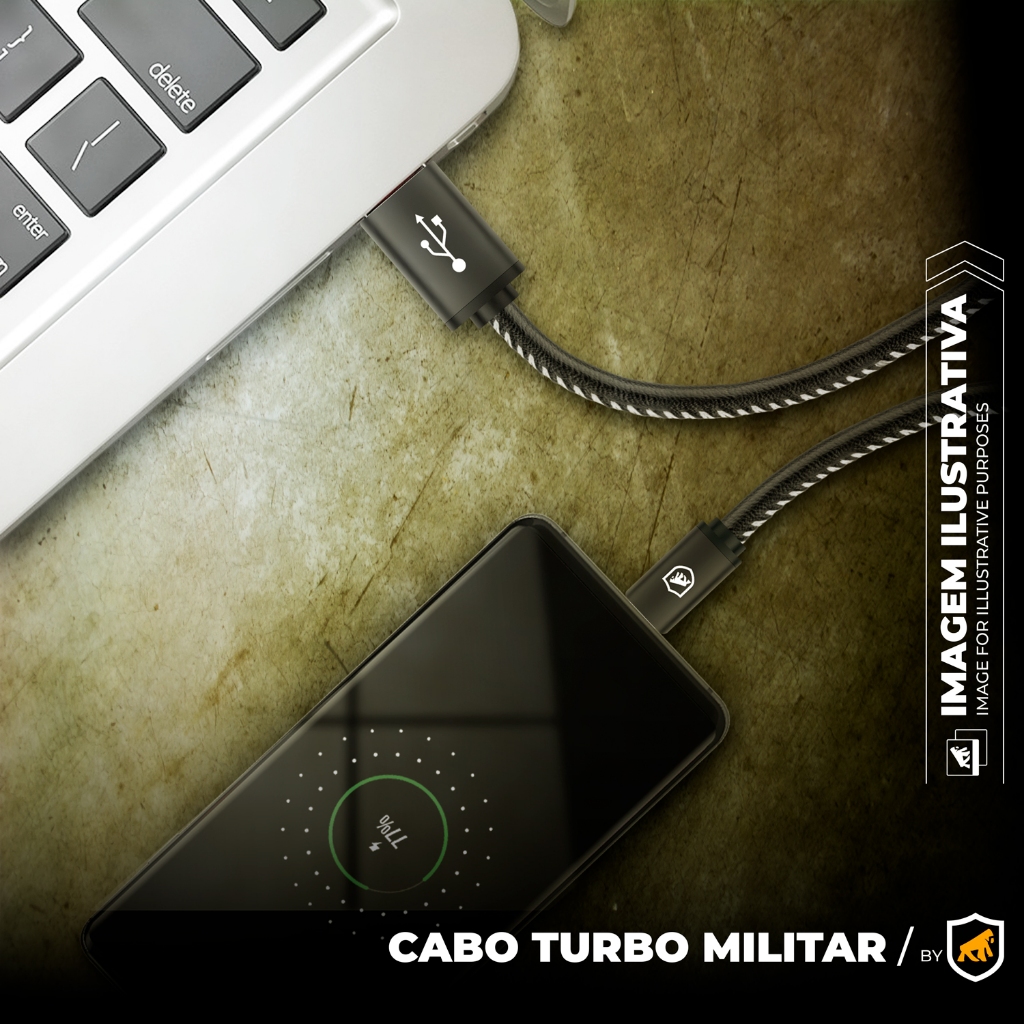 Cabo Carregamento Rápido Turbo Militar 1,5m Até 10w De Potência Micro Usb V8 Com Nylon Reforçado - detalhe