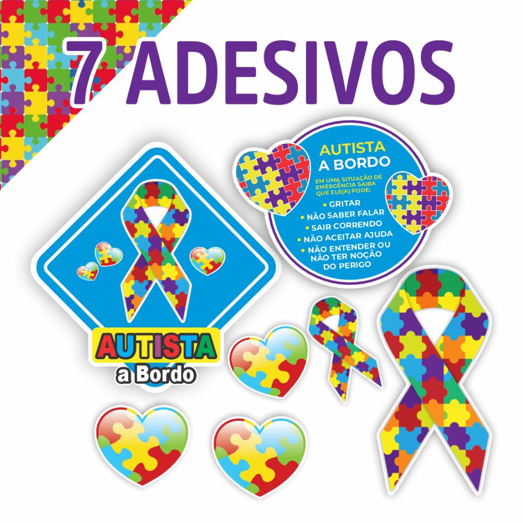 7 Adesivos Autista Autismo Lei Pcd Autista a Bordo Identificação Autista Carro Laço